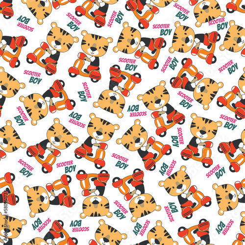 Cartoon seamless pattern of cute tiger riding Scooter . Can be used for t-shirt printing, children wear fashion designs and other decoration.