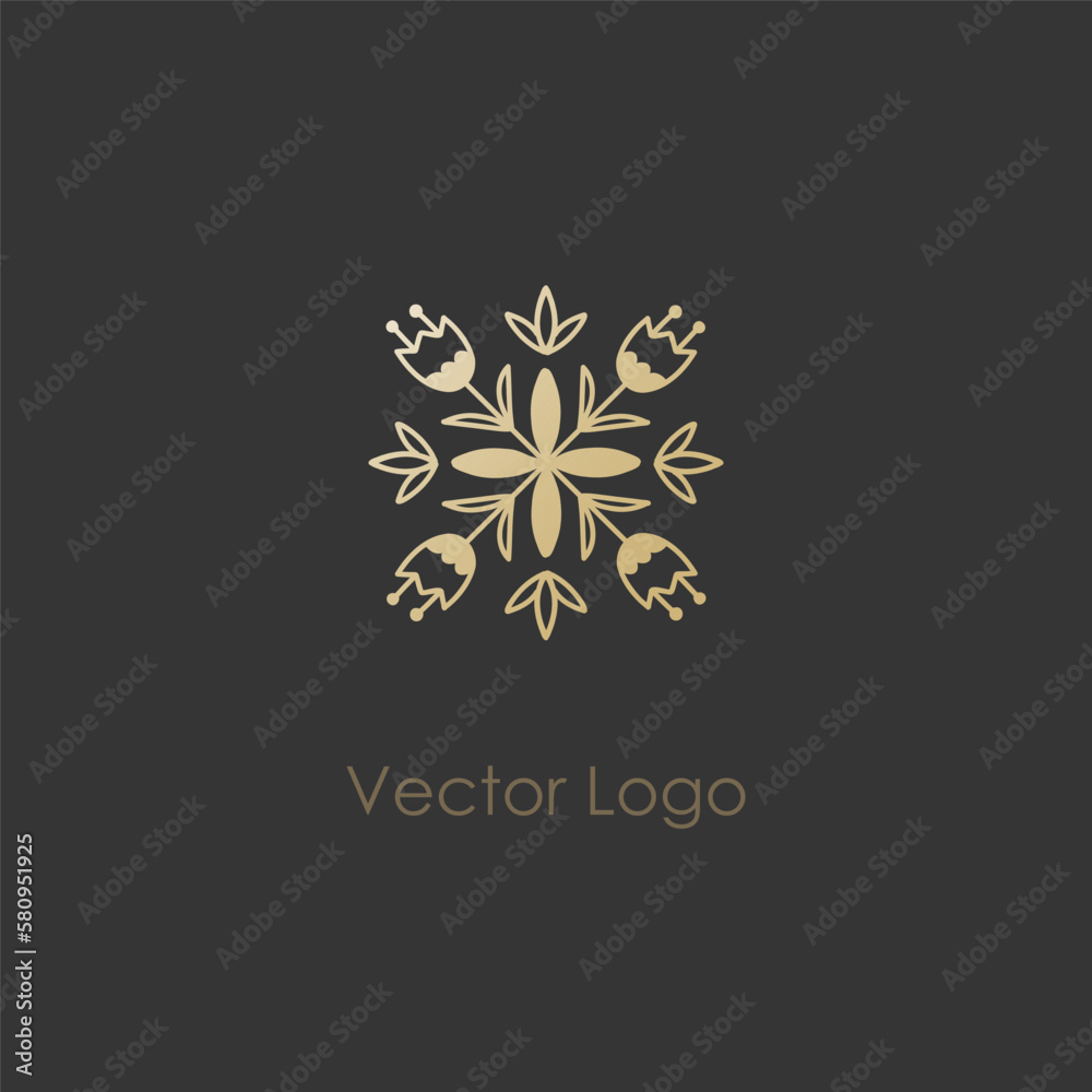 Gold logo. Golden hand drawn logotype minimal design for cosmetics, spa or boutique. Floral curvy decor. Luxury elegant tile, emblem or badge. Business fashion identity, vector isolated illustration