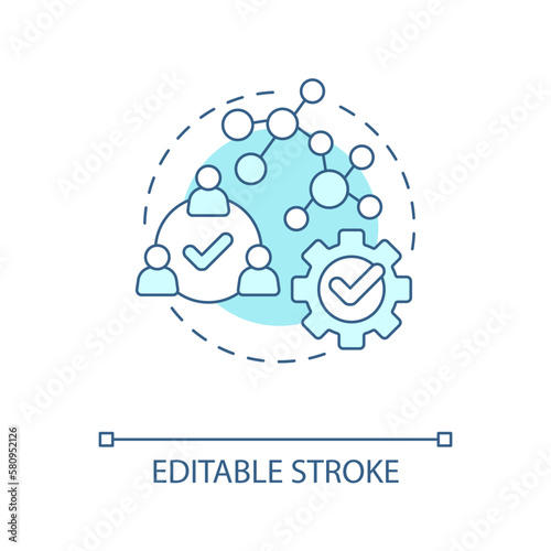 Decentralization turquoise concept icon. Outsource specialists. DAO characteristic abstract idea thin line illustration. Isolated outline drawing. Editable stroke. Arial, Myriad Pro-Bold fonts used
