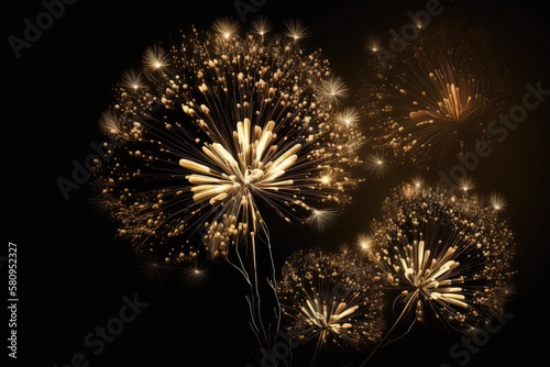 Golden fireworks blooms against a pitch black night sky. Vertical image. Generative AI