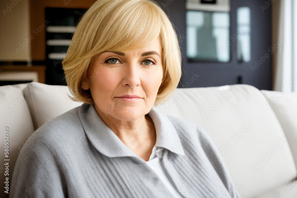 Depressed lonely fat woman in casual cloth sitting on couch at home. Generative ai Depressed lonely fat woman in casual cloth sitting on couch at home. Generative ai