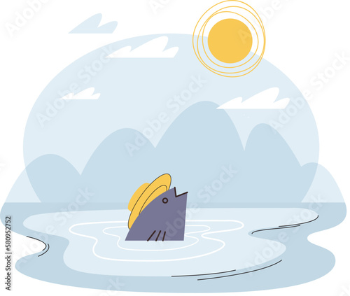 Photography Fish in water cartoon carp in hat came up to surface and looks at bright sun