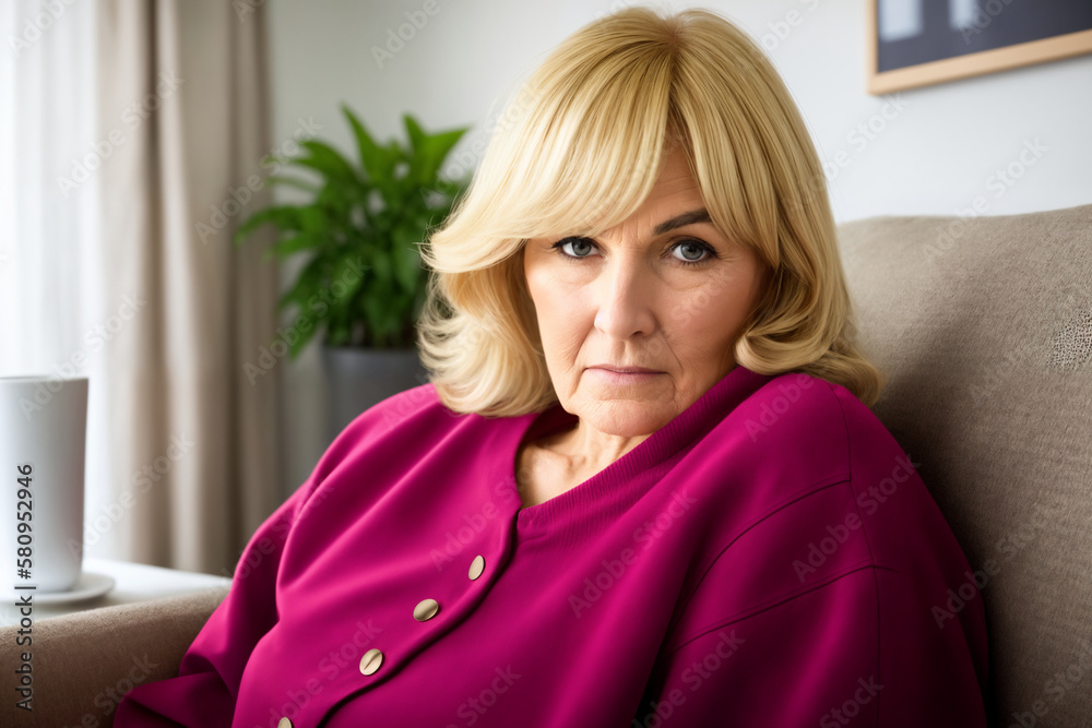 Depressed lonely fat woman in casual cloth sitting on couch at home. Generative ai Depressed lonely fat woman in casual cloth sitting on couch at home. Generative ai