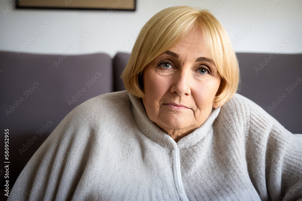 Depressed lonely fat woman in casual cloth sitting on couch at home. Generative ai Depressed lonely fat woman in casual cloth sitting on couch at home. Generative ai