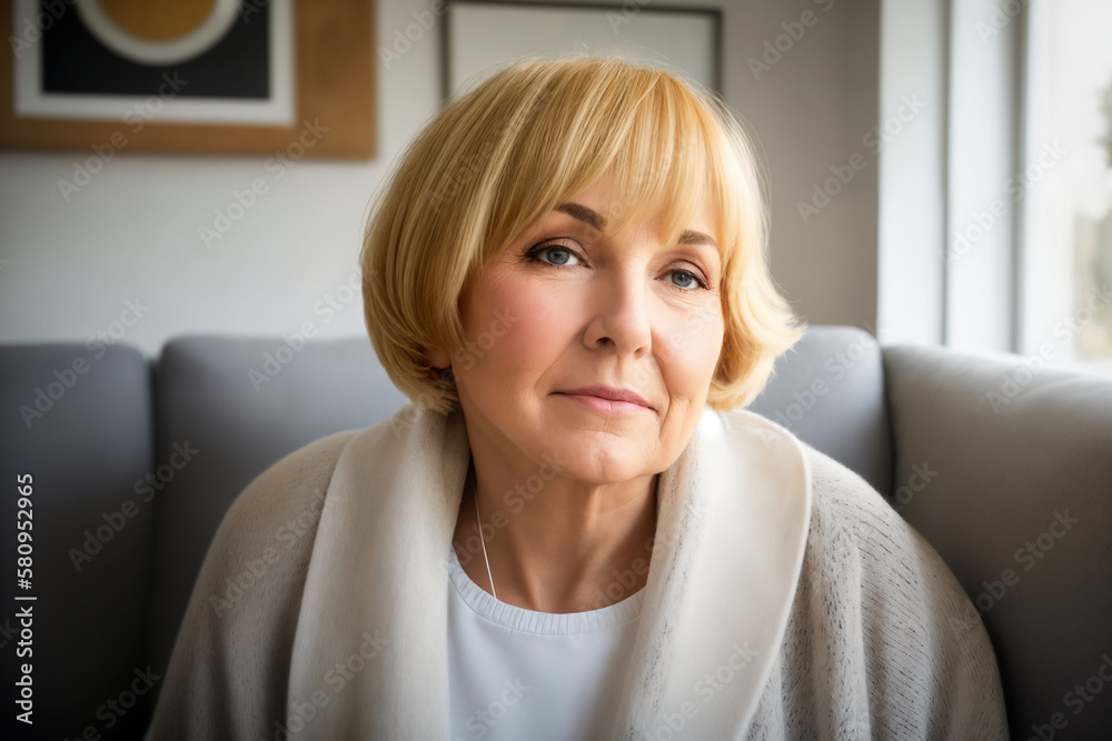 Depressed lonely fat woman in casual cloth sitting on couch at home. Generative ai Depressed lonely fat woman in casual cloth sitting on couch at home. Generative ai
