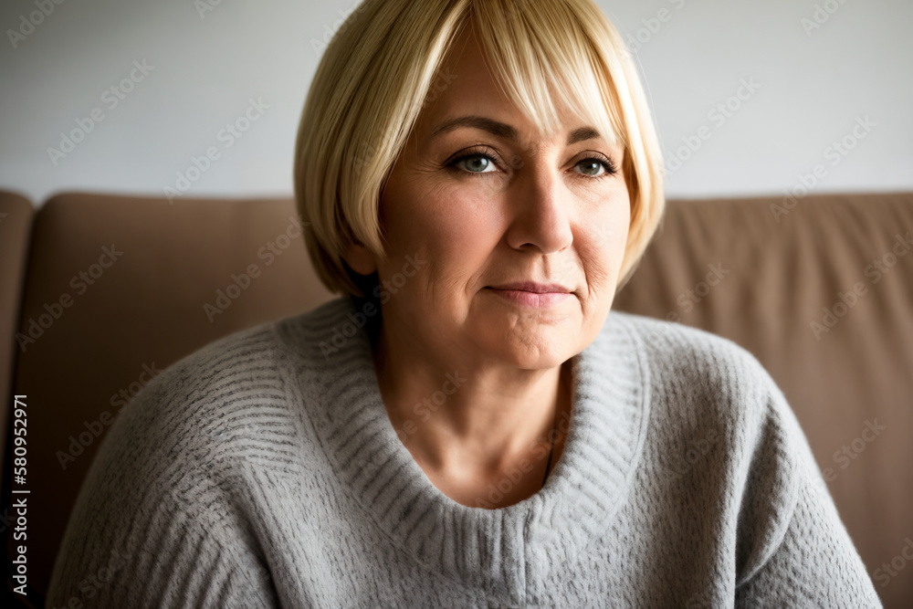 Depressed lonely fat woman in casual cloth sitting on couch at home. Generative ai