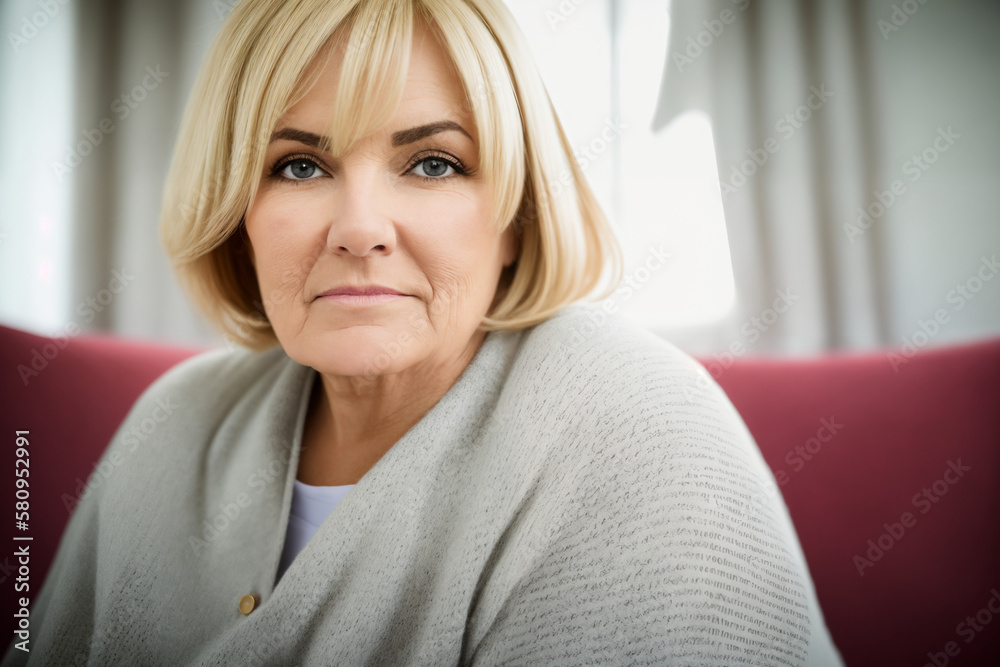 Depressed lonely fat woman in casual cloth sitting on couch at home. Generative ai Depressed lonely fat woman in casual cloth sitting on couch at home. Generative ai