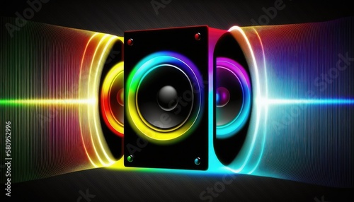 Audio sound load speaker with colorful neon glowing audio waves, powerful surround sound from speaker, high end quality sound lossless compression digital audio for audiophile, generative AI photo