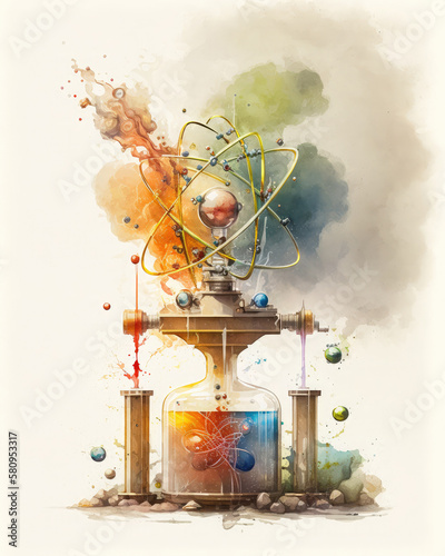 Atomic physics experiment. Concept watercolor illustration. Generative AI