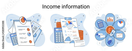 Income information vector set, business profitability indicator, entrepreneurial activity and accounting. Registration of claim form document, providing personal information, financial report