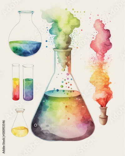 Chemistry lab equipment. Watercolor illustration on white. Generative AI