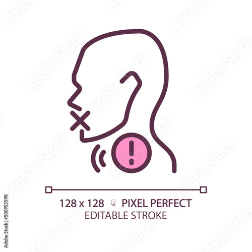 Hoarseness pixel perfect RGB color linear icon. Voice changing problem. Throat disease treatment. Medical service. Thin line illustration. Contour symbol. Vector outline drawing. Editable stroke
