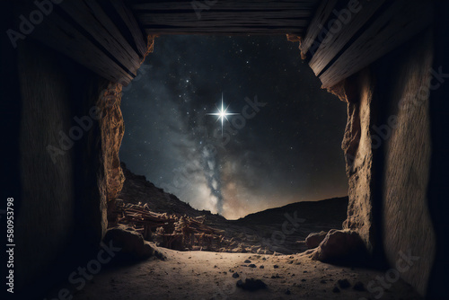 Fotografering Wooden manger and star of bethlehem in cave nativity, abstract, religion, Genera