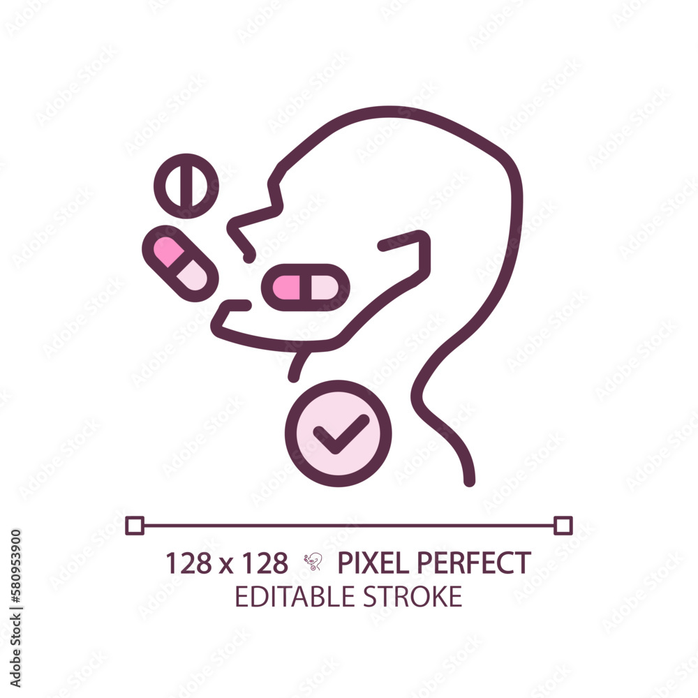 Take medication pixel perfect RGB color linear icon. Pills falling into patient throat. Pharmacy for disease curing. Thin line illustration. Contour symbol. Vector outline drawing. Editable stroke Take medication pixel perfect RGB color linear icon. Pills falling into patient throat. Pharmacy for disease curing. Thin line illustration. Contour symbol. Vector outline drawing. Editable stroke