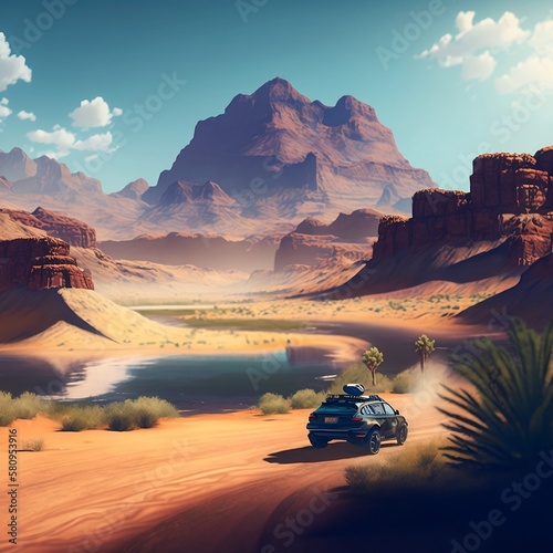 Cartoony style, canyons, mountainous, car driving on roadtrip, river, AI