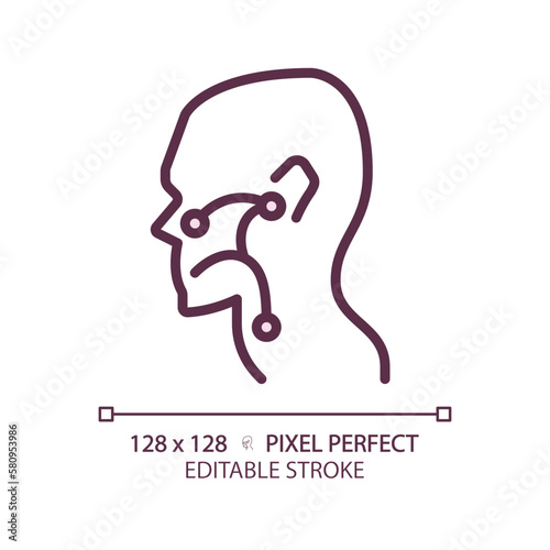 Ear, nose and throat pixel perfect RGB color linear icon. Otorhinolaryngological treatment. Prevent disease. Thin line illustration. Contour symbol. Vector outline drawing. Editable stroke