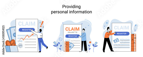 Registration of claim form register document, providing personal information, income information vector set. Tax filing, employer form, earnings statement documents, online software abstract metaphor