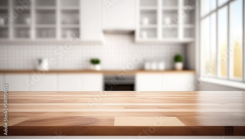 Wooden texture table top on blurred kitchen window background. For product display or design key visual layout. For showcase or montage your items (or foods). Product display mock up. Generative AI