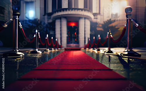 Ai Generated low angled, selective focus Image of Red Carpet, Award function or ceremony where celebrities walks to the award function or shows and pose for photoshoot where Photographers takes photos