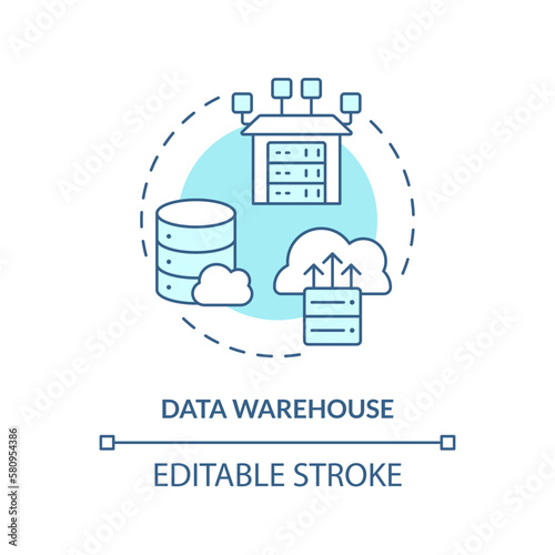 Data warehouse turquoise concept icon. Online storage. Analytics. Data repository abstract idea thin line illustration. Isolated outline drawing. Editable stroke. Arial, Myriad Pro-Bold fonts used