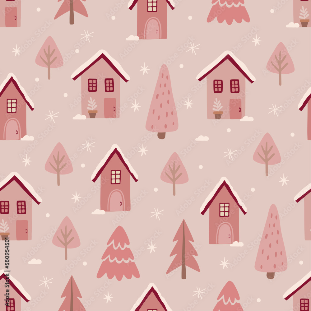 Christmas seamless pattern with trees and houses