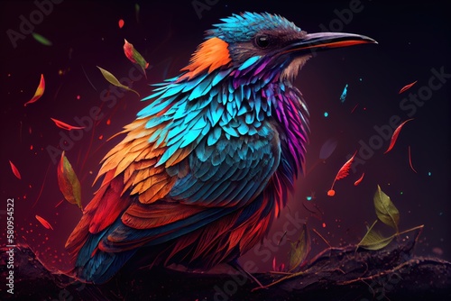 Colorful of bird on drak background. generative Ai