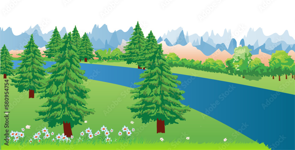 A beautiful landscape with a river and mountains. With flowers in the foreground and skyline of mountains in the background. Vector illustration.