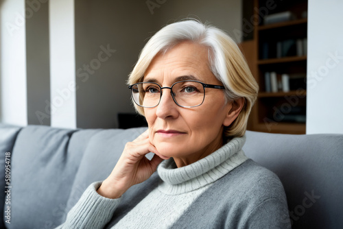 Sad tired ill sick lonely disappointed caucasian old elderly senior woman grandmother sitting on the sofa couch, feeling nostalgy, pain, missing grandchildren, bankruptcy, fraud at home. Generative ai