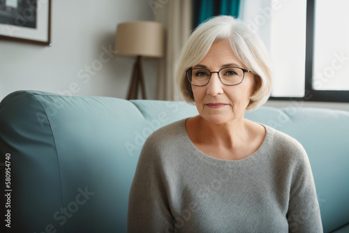 Sad tired ill sick lonely disappointed caucasian old elderly senior woman grandmother sitting on the sofa couch, feeling nostalgy, pain, missing grandchildren, bankruptcy, fraud at home. Generative ai © SOLOTU