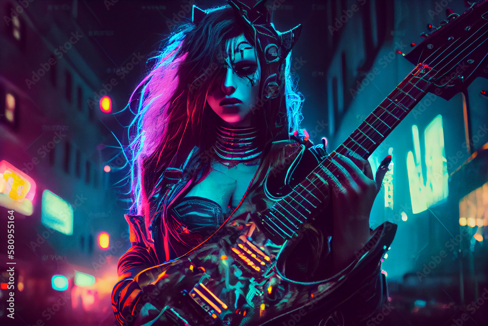 Cyberpunk girl guitar player at night street with neon light background. Joyful street musician playing music solo