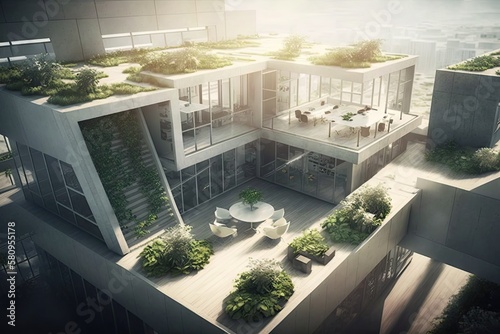 a futuristic open office with a rooftop garden, communal work spaces, and a recreational area., created with generative ai photo