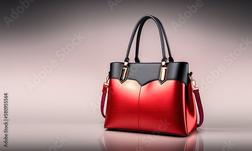 Beautiful status trendy smooth women's handbag in red black color on a light studio background. AI generated.