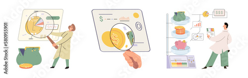 Set of people analyzing personal or corporate budget. Concept of finance accounting and calculation of financial income and expenses report. Financial consultant with document for tax computation