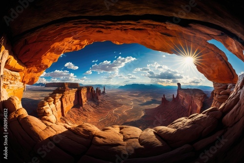 Stunning morning light illuminates the famous Mesa Arch, an emblem of the American West, in this panorama of Canyonlands National Park in Utah, United States. The sky is blue and there are clouds in t