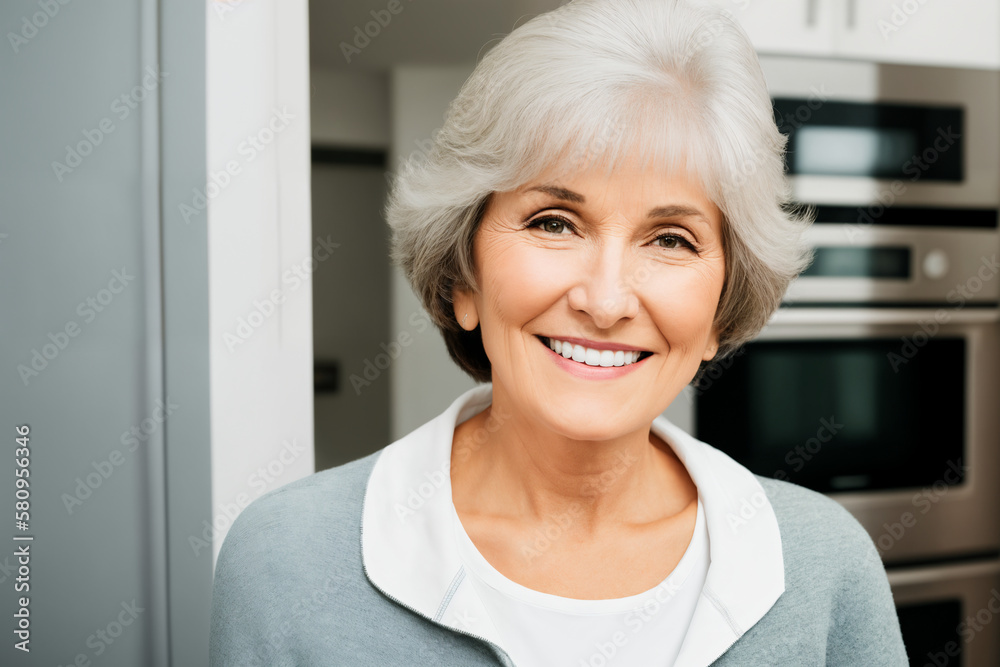 Beautiful senior mature woman preparing healthy and delicious food in a modern kitchen. Generative ai Beautiful senior mature woman preparing healthy and delicious food in a modern kitchen. Generative ai