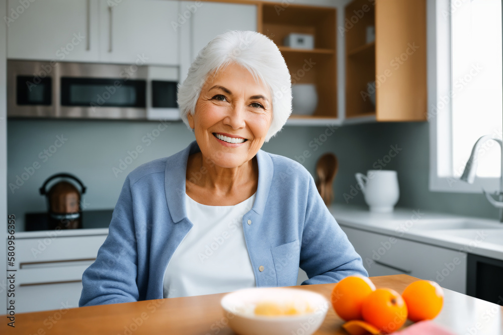 Beautiful senior mature woman preparing healthy and delicious food in a modern kitchen. Generative ai Beautiful senior mature woman preparing healthy and delicious food in a modern kitchen. Generative ai