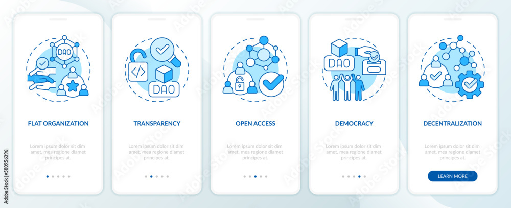 DAO characteristics blue onboarding mobile app screen. IoT walkthrough 5 steps editable graphic instructions with linear concepts. UI, UX, GUI template. Myriad Pro-Bold, Regular fonts used