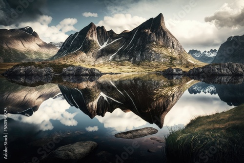 Lake reflection and a mountain ridge. Norway's natural landscape. Generative AI
