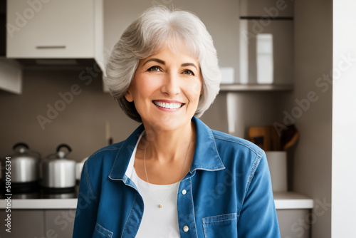 Beautiful senior mature woman preparing healthy and delicious food in a modern kitchen. Generative ai