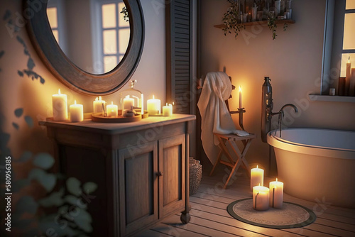 Modern interior design of the bathroom with candles in the evening  Super photo realistic background  generative ai illustration