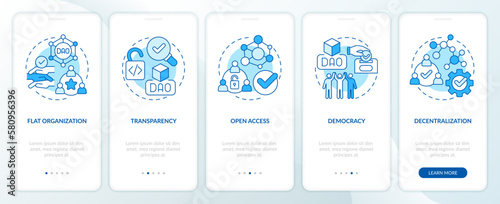 DAO characteristics blue onboarding mobile app screen. IoT walkthrough 5 steps editable graphic instructions with linear concepts. UI, UX, GUI template. Myriad Pro-Bold, Regular fonts used