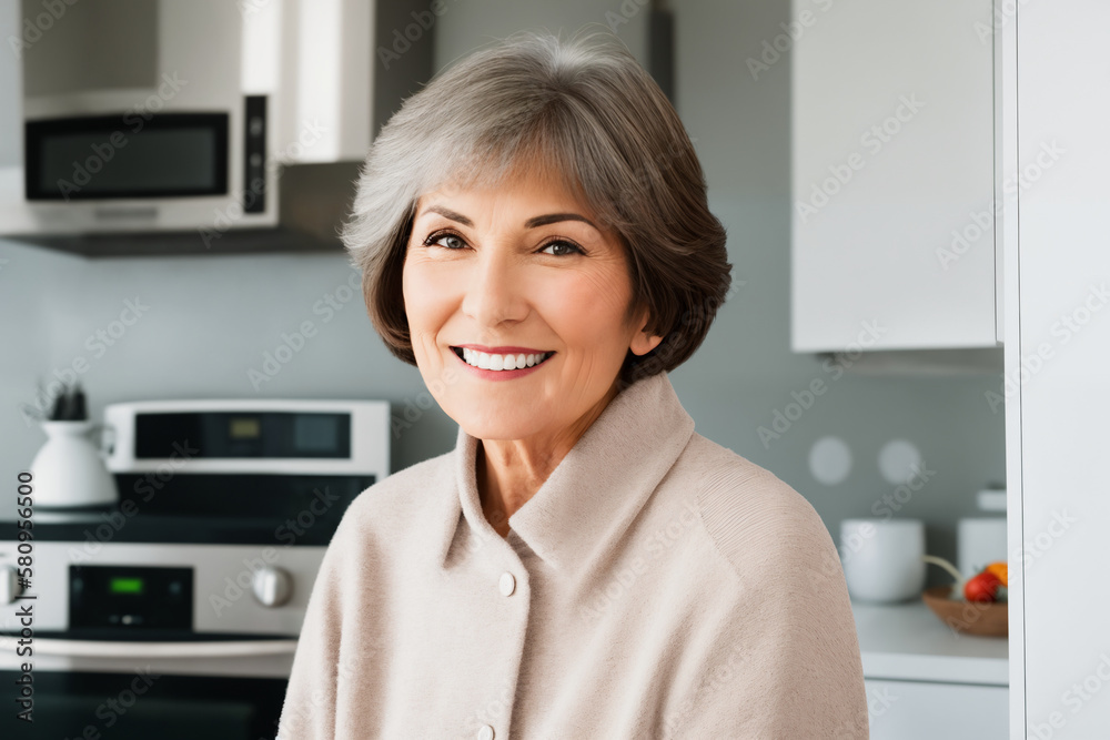 Beautiful senior mature woman preparing healthy and delicious food in a modern kitchen. Generative ai Beautiful senior mature woman preparing healthy and delicious food in a modern kitchen. Generative ai