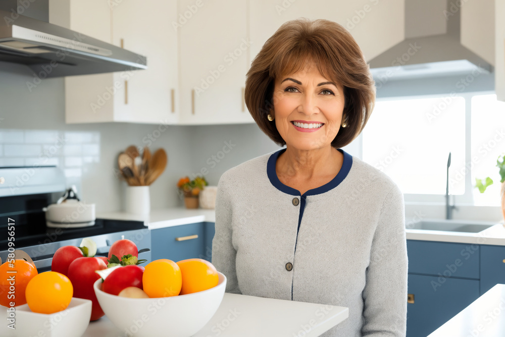 Beautiful senior mature woman preparing healthy and delicious food in a modern kitchen. Generative ai