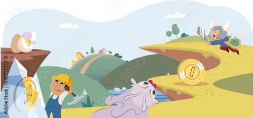 Play to earn, player makes profit from games created on basis of blockchain project with elements of NFT. Gaming with cryptocurrency, gameplay to earn, Metaverse, digital world, virtual character