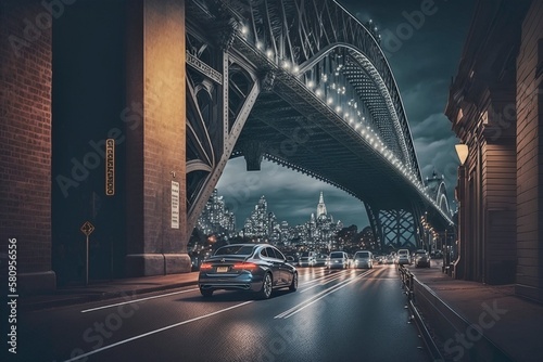  Majestic Sydney Harbour Bridge Illuminated by Cars, AI Generated