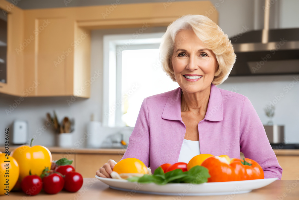 Beautiful senior mature woman preparing healthy and delicious food in a modern kitchen. Generative ai Beautiful senior mature woman preparing healthy and delicious food in a modern kitchen. Generative ai