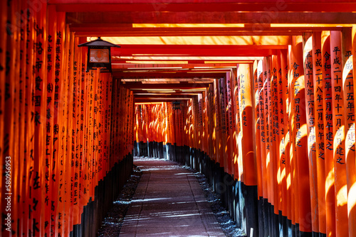 Fotografie, Obraz Red torii along a path at the Fushimi Inari shrine in Kyoto.