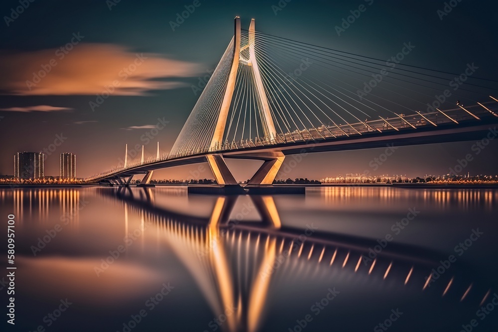 Obraz premium Erasmus Bridge Night Time Long Exposure Wide Shot, AI Generated