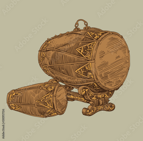 hand drawn traditional instrumental culture and historical building