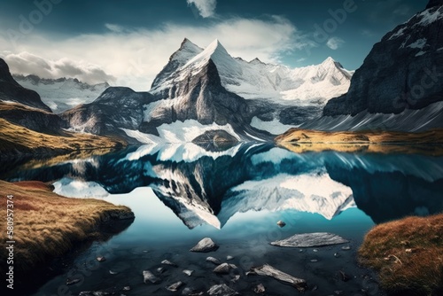 Lake Bachalpsee. highest peaks in a well known location, the Eiger. Grindelwald valley in the Swiss Alps. Generative AI